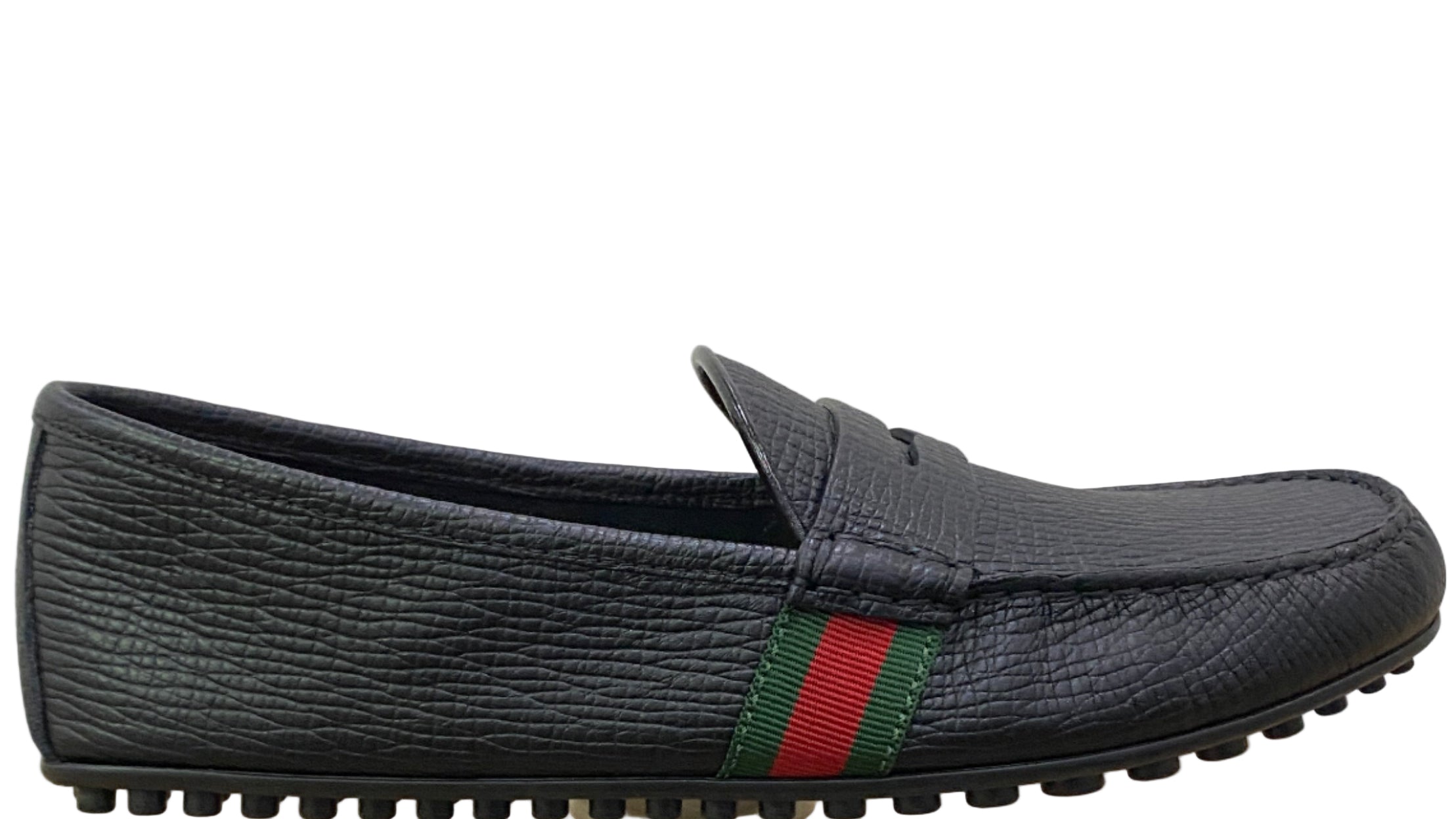 Gucci Men’s Black Leather Web Stripe Driver’s Loafers Black
