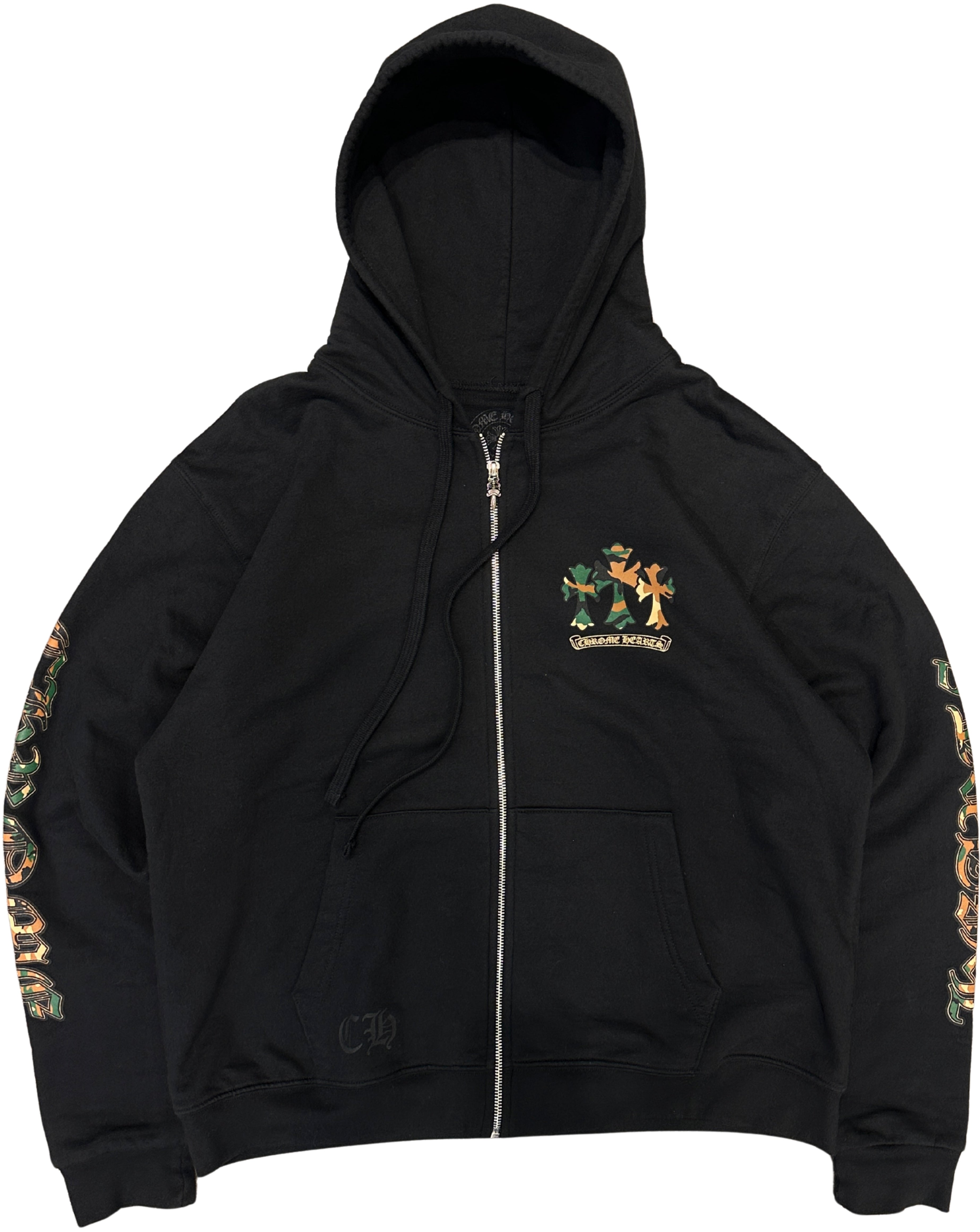 Chrome Hearts Black & Camo Cross Horseshoe Logo Zip Up Hoodie