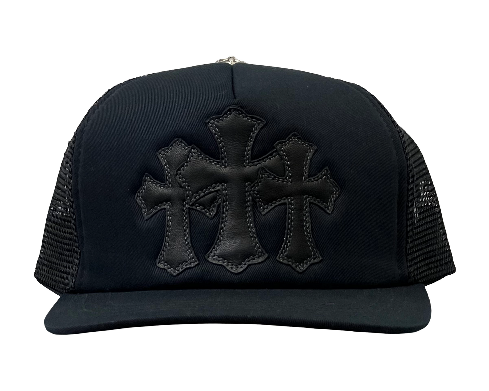 Chrome Hearts Leather Cemetery Cross Patch Trucker Hat Black/Black
