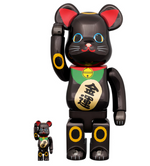 Load image into Gallery viewer, BEARBRICK Gold Luck Black Plated Maneki Neko 100% &amp; 400% Set
