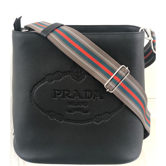 Prada Vitello Secchiello Embossed Logo Black Leather Cross Body